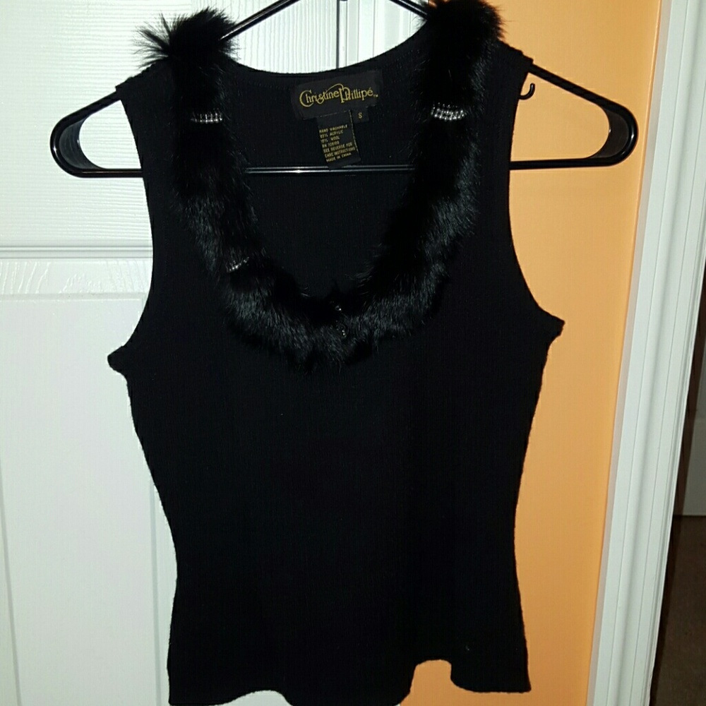 📸 Vintage Christine Phillipé Black Knit Tank with Rabbit Fur Trim